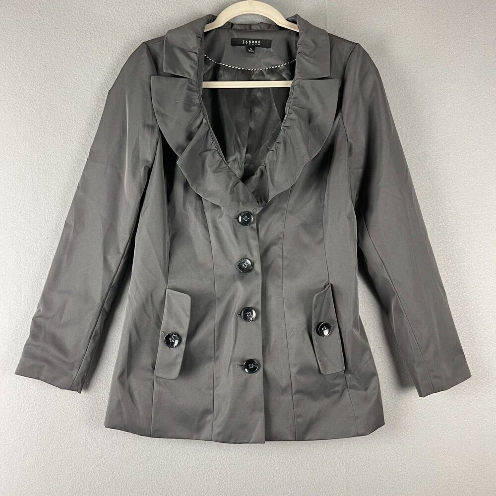 Sandro Jacket Womens Small Gray Ruffle Classic Career Business Monochrome